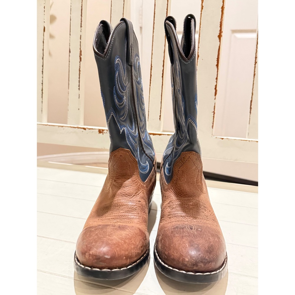 Cody James Kids Brown Leather Navy Blue Stitched Western Cowboy Boots Size 4 D